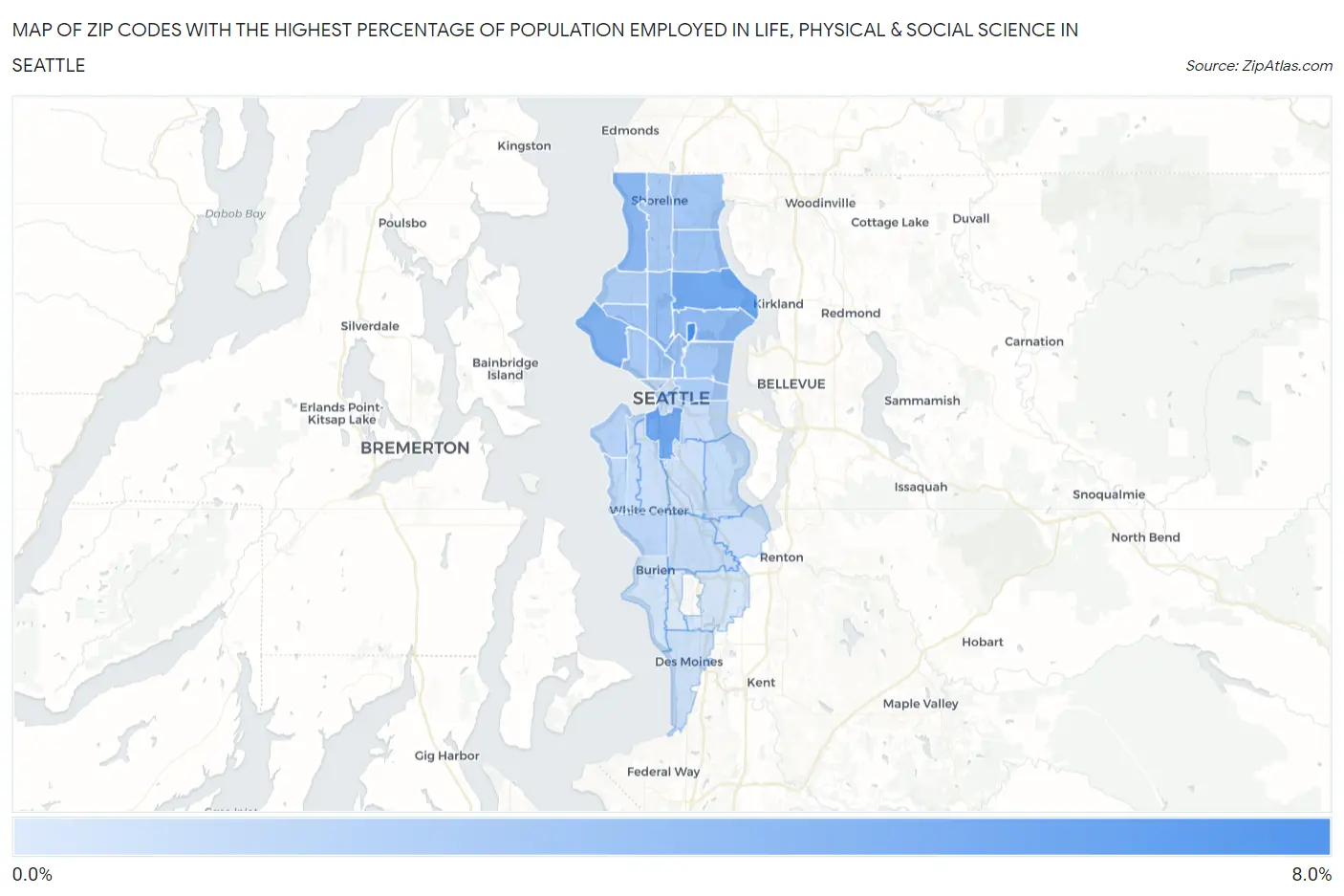 Zip Codes with the Highest Percentage of Population Employed in Life, Physical & Social Science in Seattle Map