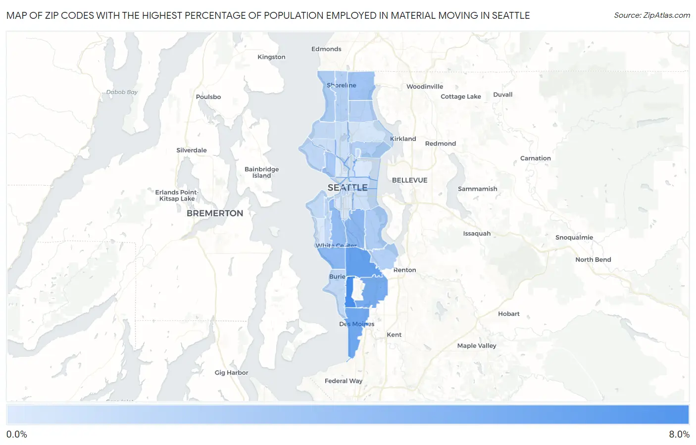 Zip Codes with the Highest Percentage of Population Employed in Material Moving in Seattle Map