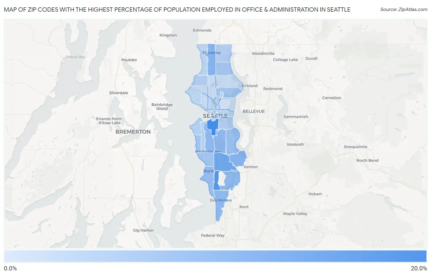 Zip Codes with the Highest Percentage of Population Employed in Office & Administration in Seattle Map