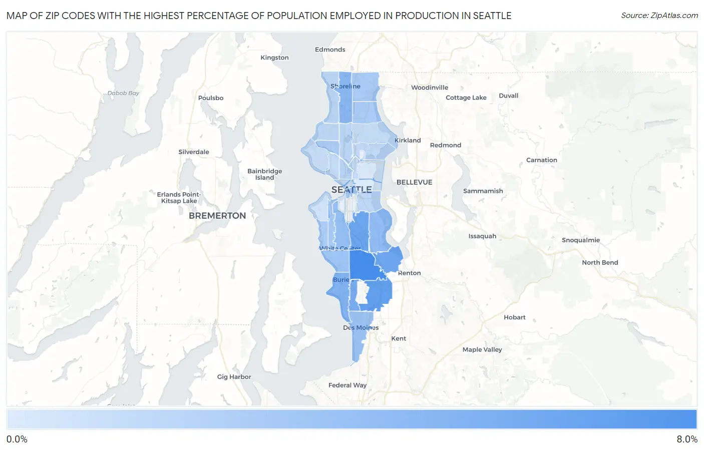 Zip Codes with the Highest Percentage of Population Employed in Production in Seattle Map