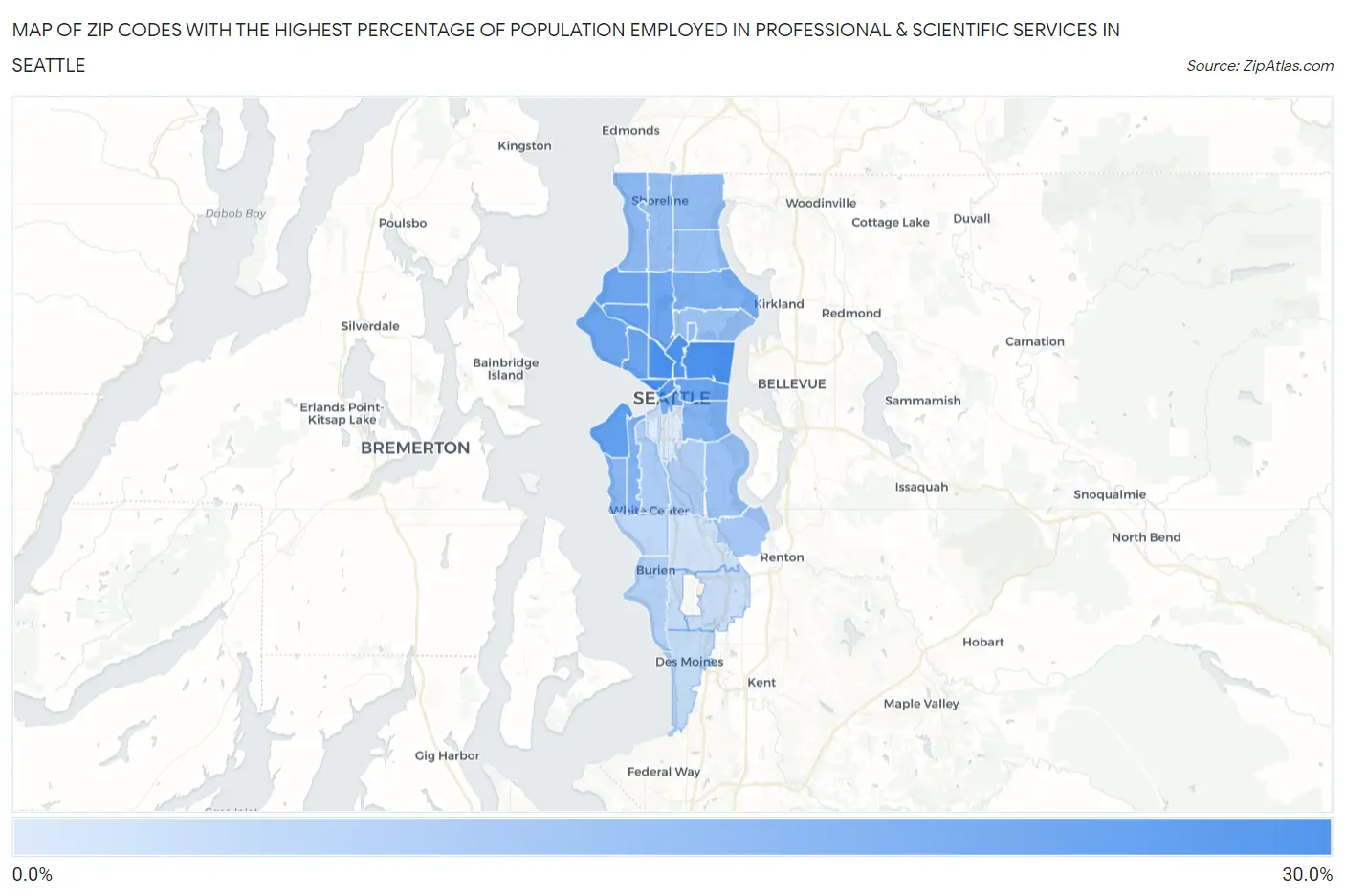 Zip Codes with the Highest Percentage of Population Employed in Professional & Scientific Services in Seattle Map