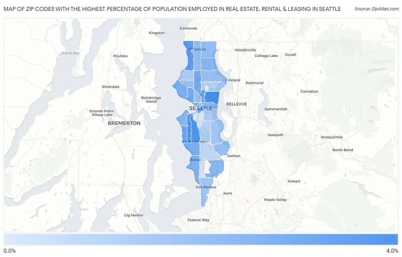 Zip Codes with the Highest Percentage of Population Employed in Real Estate, Rental & Leasing in Seattle Map