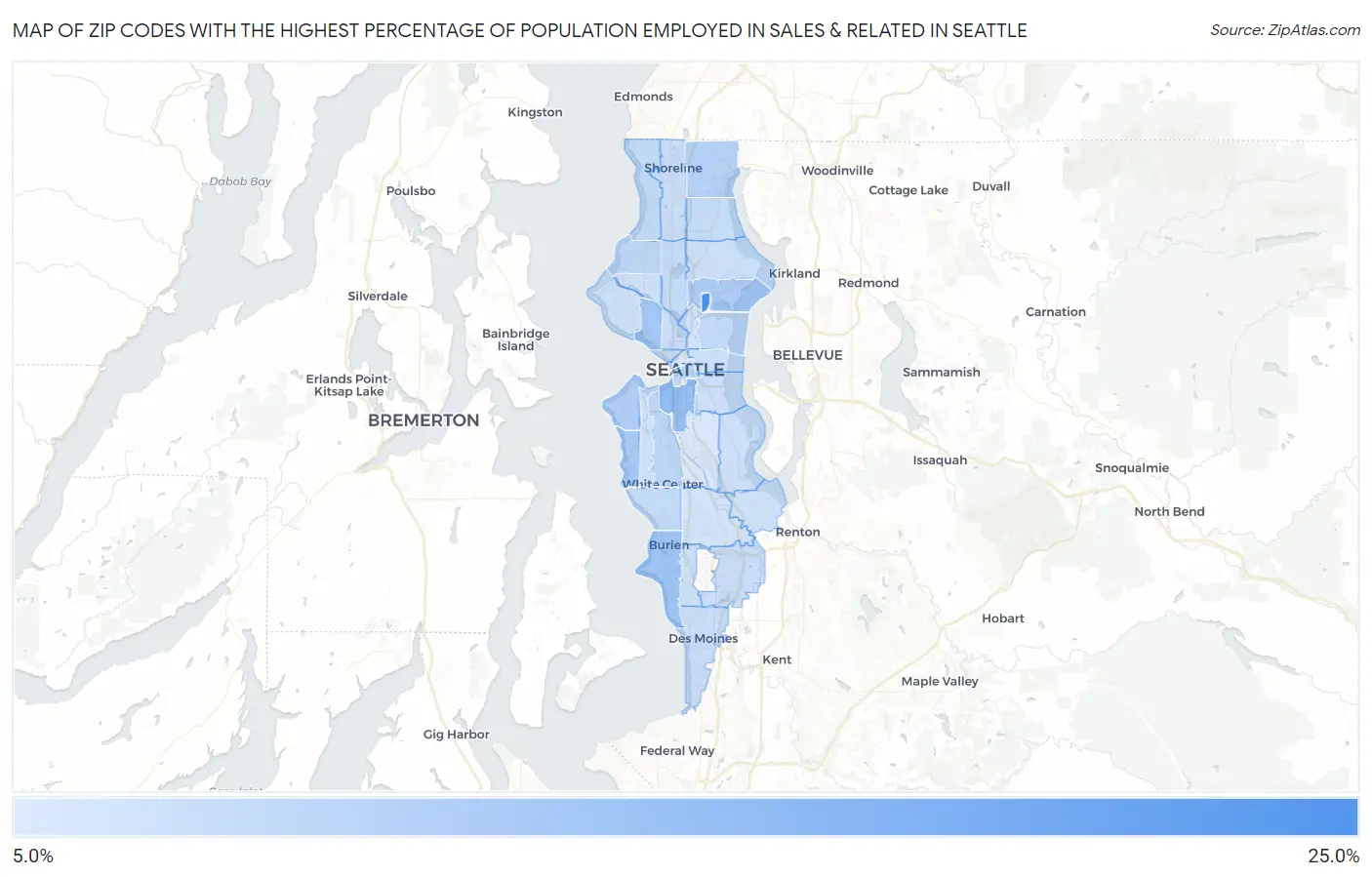 Zip Codes with the Highest Percentage of Population Employed in Sales & Related in Seattle Map