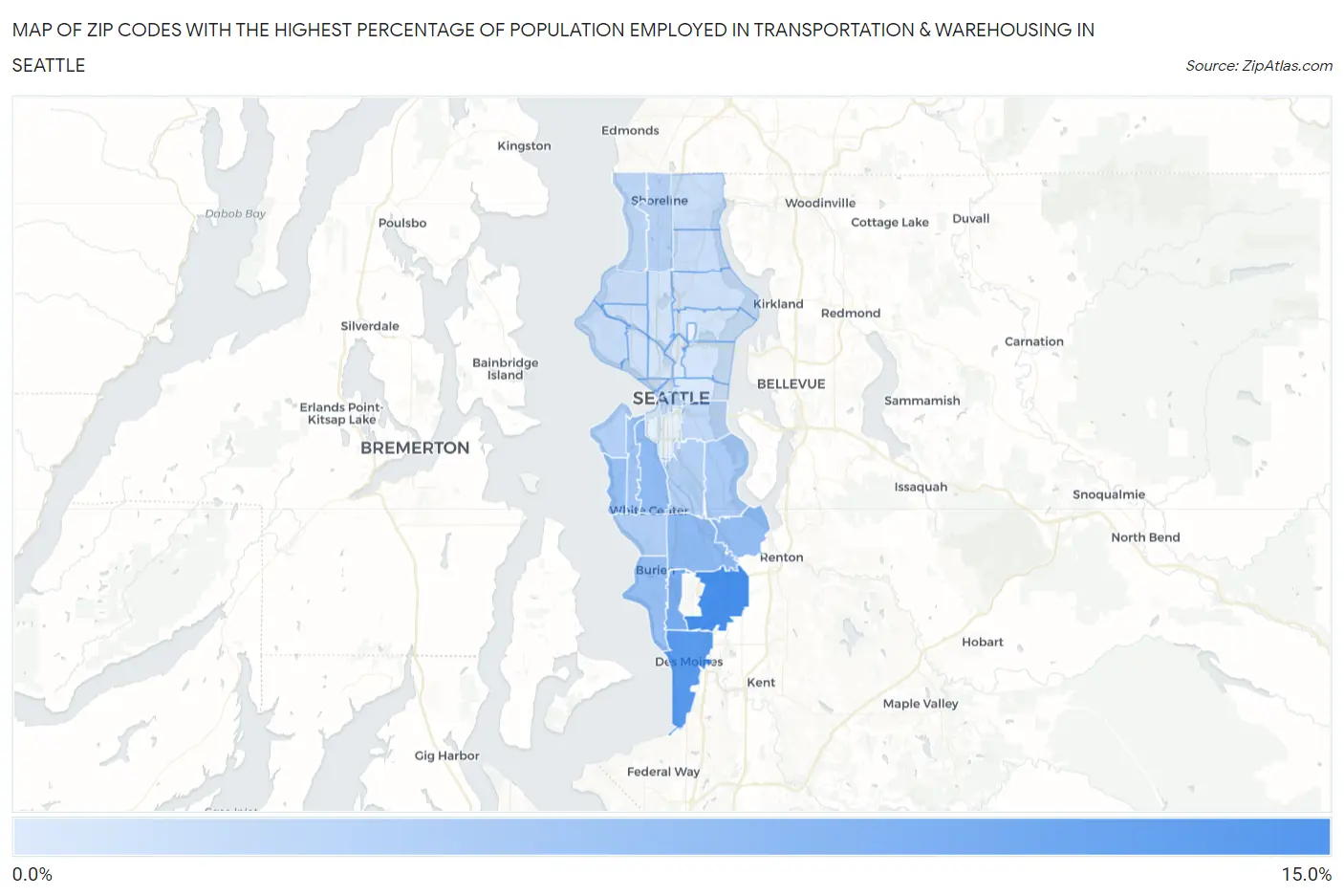 Zip Codes with the Highest Percentage of Population Employed in Transportation & Warehousing in Seattle Map