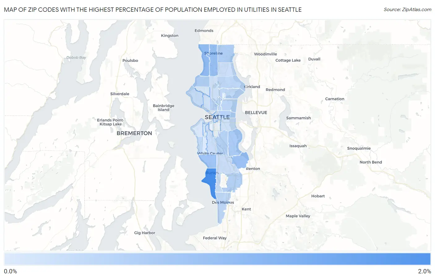 Zip Codes with the Highest Percentage of Population Employed in Utilities in Seattle Map