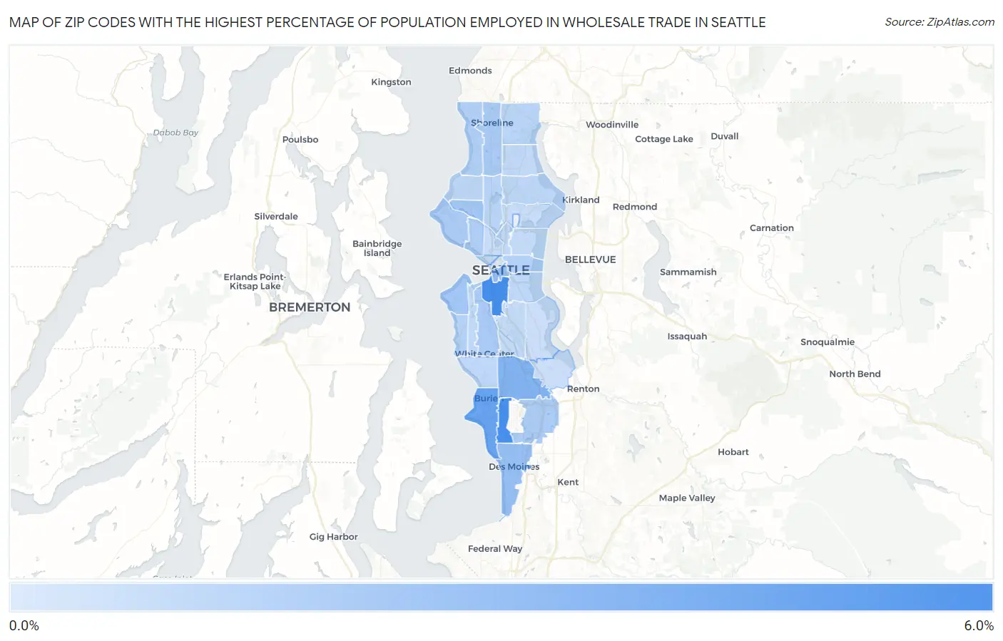 Zip Codes with the Highest Percentage of Population Employed in Wholesale Trade in Seattle Map