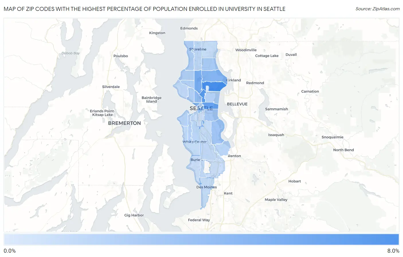 Zip Codes with the Highest Percentage of Population Enrolled in University in Seattle Map