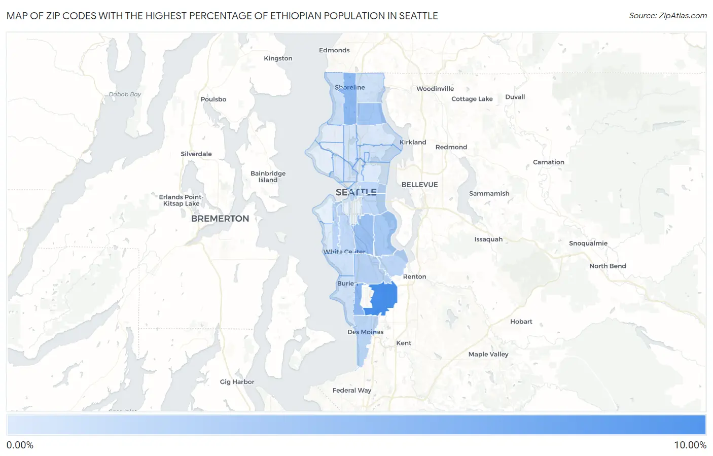 Zip Codes with the Highest Percentage of Ethiopian Population in Seattle Map