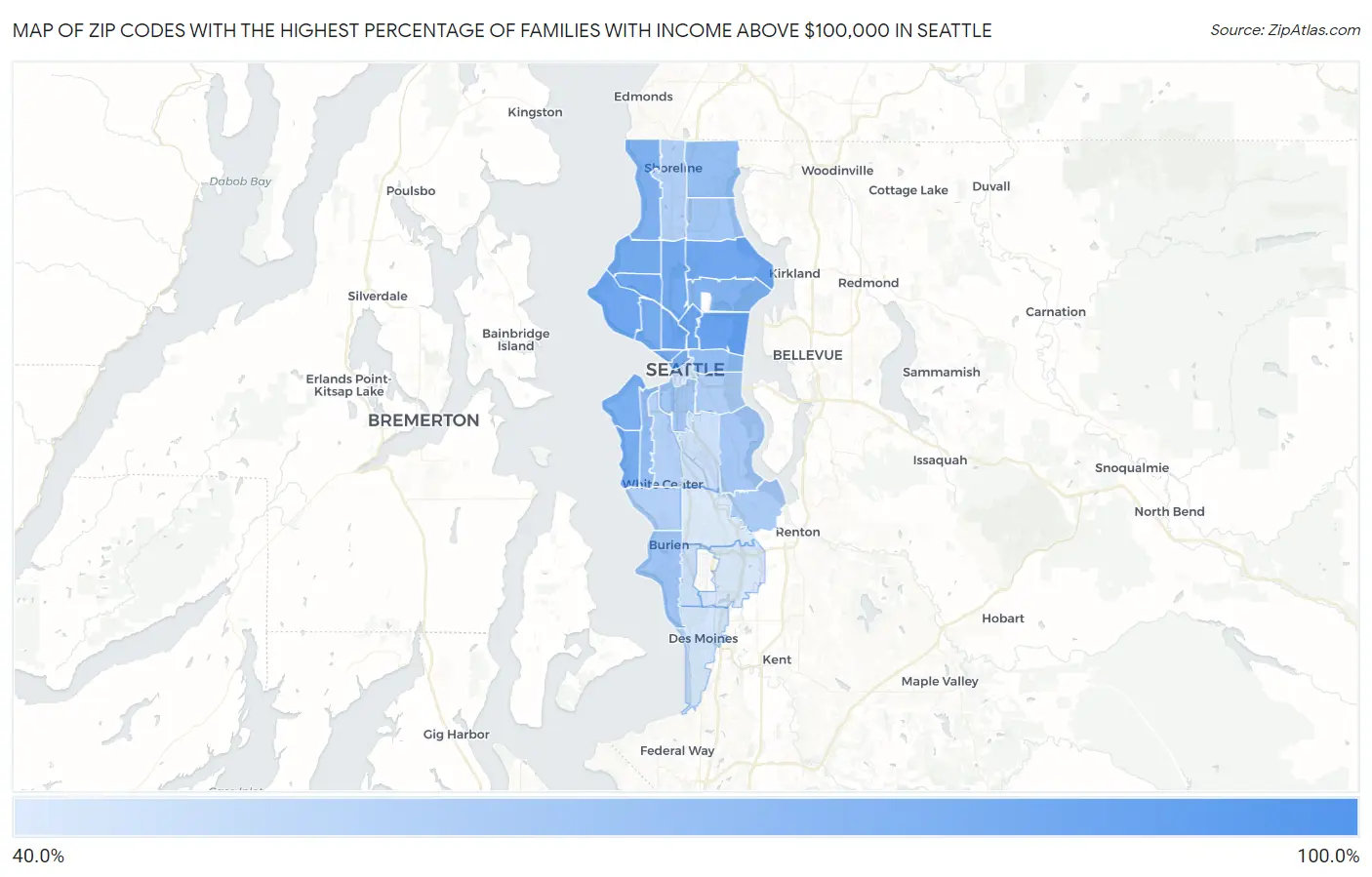 Zip Codes with the Highest Percentage of Families with Income Above $100,000 in Seattle Map