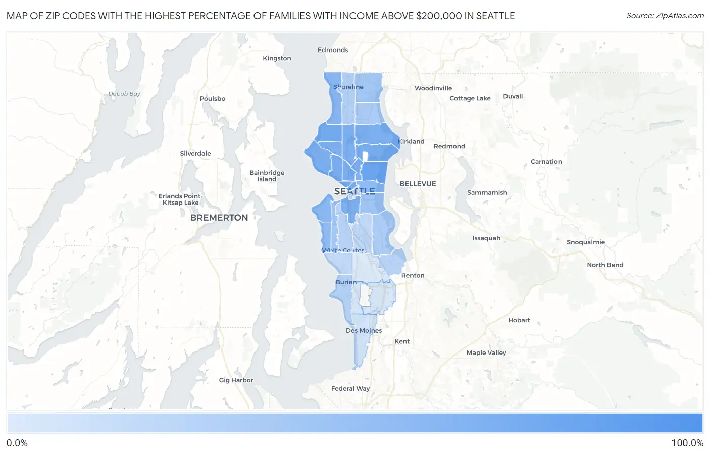 Zip Codes with the Highest Percentage of Families with Income Above $200,000 in Seattle Map