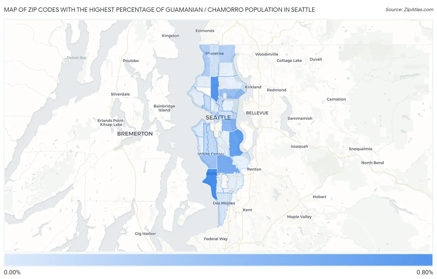 Zip Codes with the Highest Percentage of Guamanian / Chamorro Population in Seattle Map