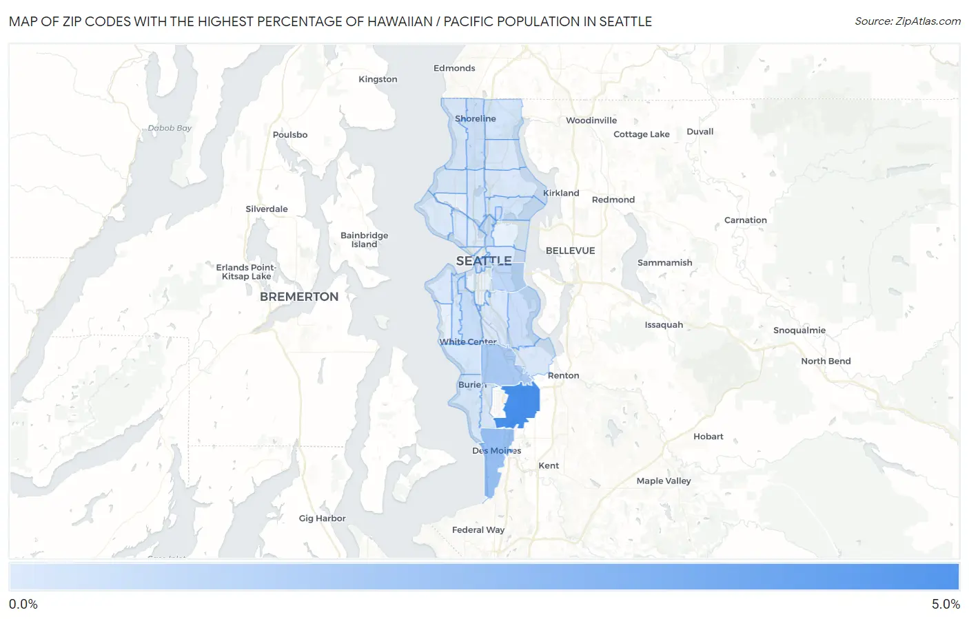 Zip Codes with the Highest Percentage of Hawaiian / Pacific Population in Seattle Map