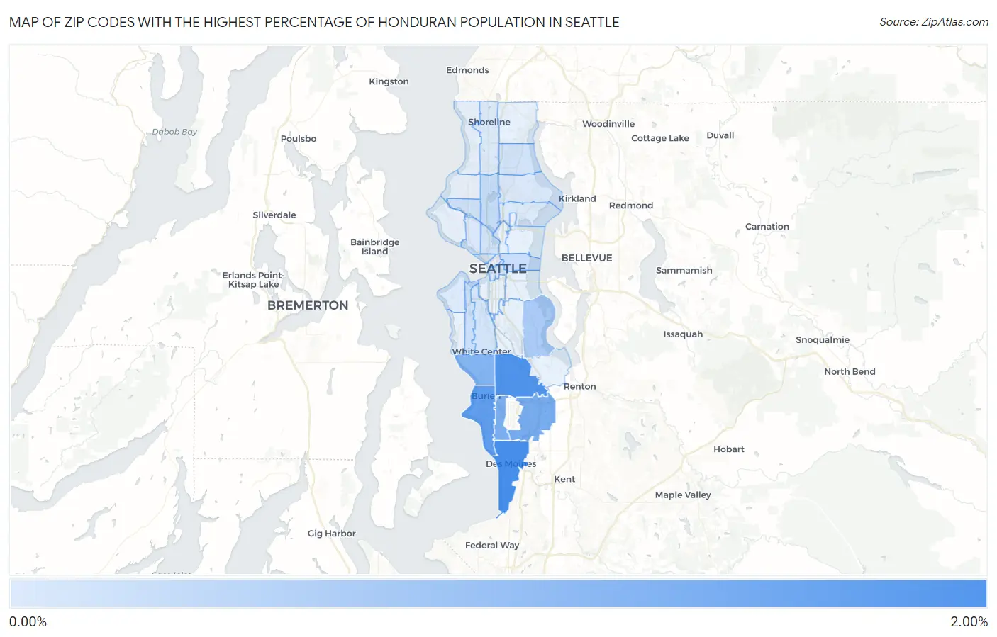 Zip Codes with the Highest Percentage of Honduran Population in Seattle Map