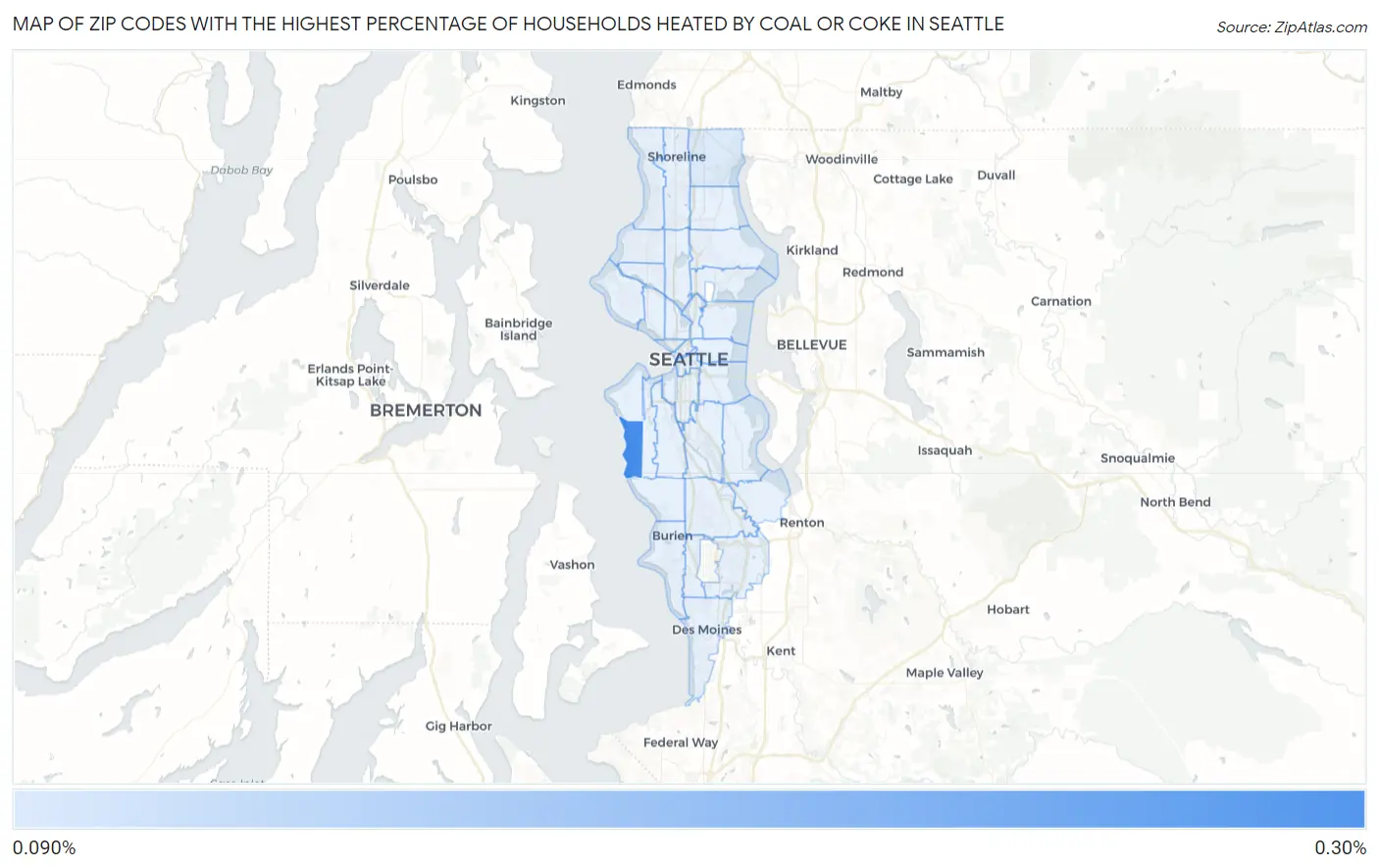 Zip Codes with the Highest Percentage of Households Heated by Coal or Coke in Seattle Map