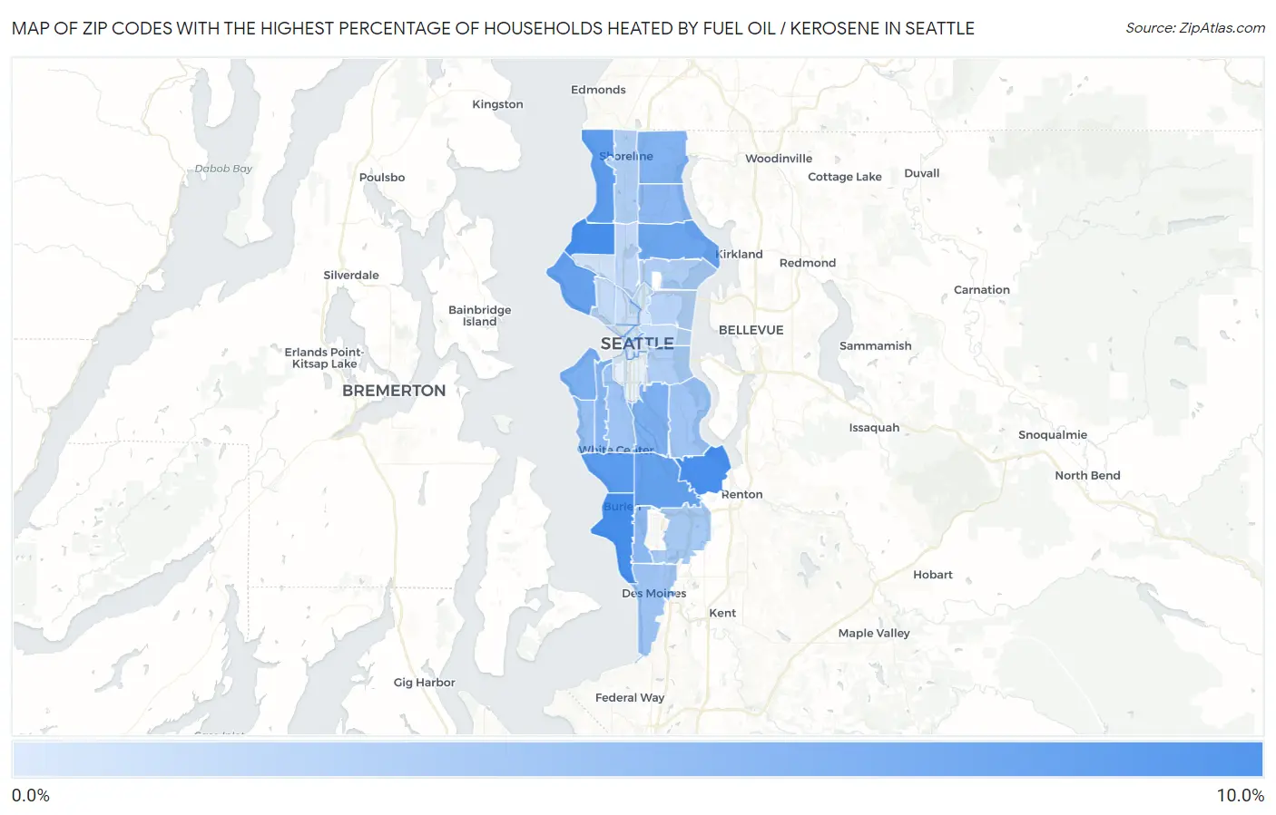 Zip Codes with the Highest Percentage of Households Heated by Fuel Oil / Kerosene in Seattle Map