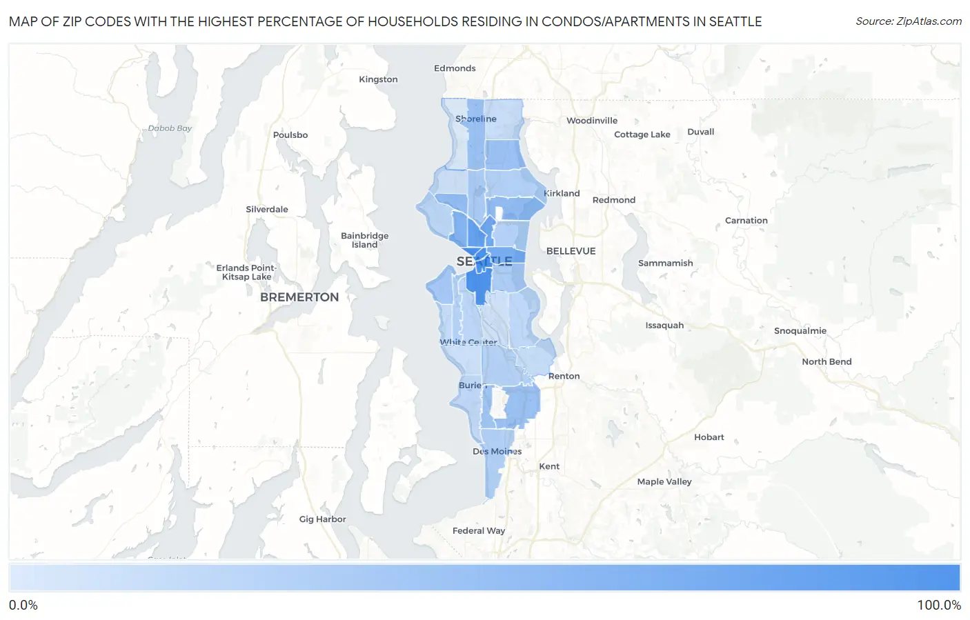 Zip Codes with the Highest Percentage of Households Residing in Condos/Apartments in Seattle Map