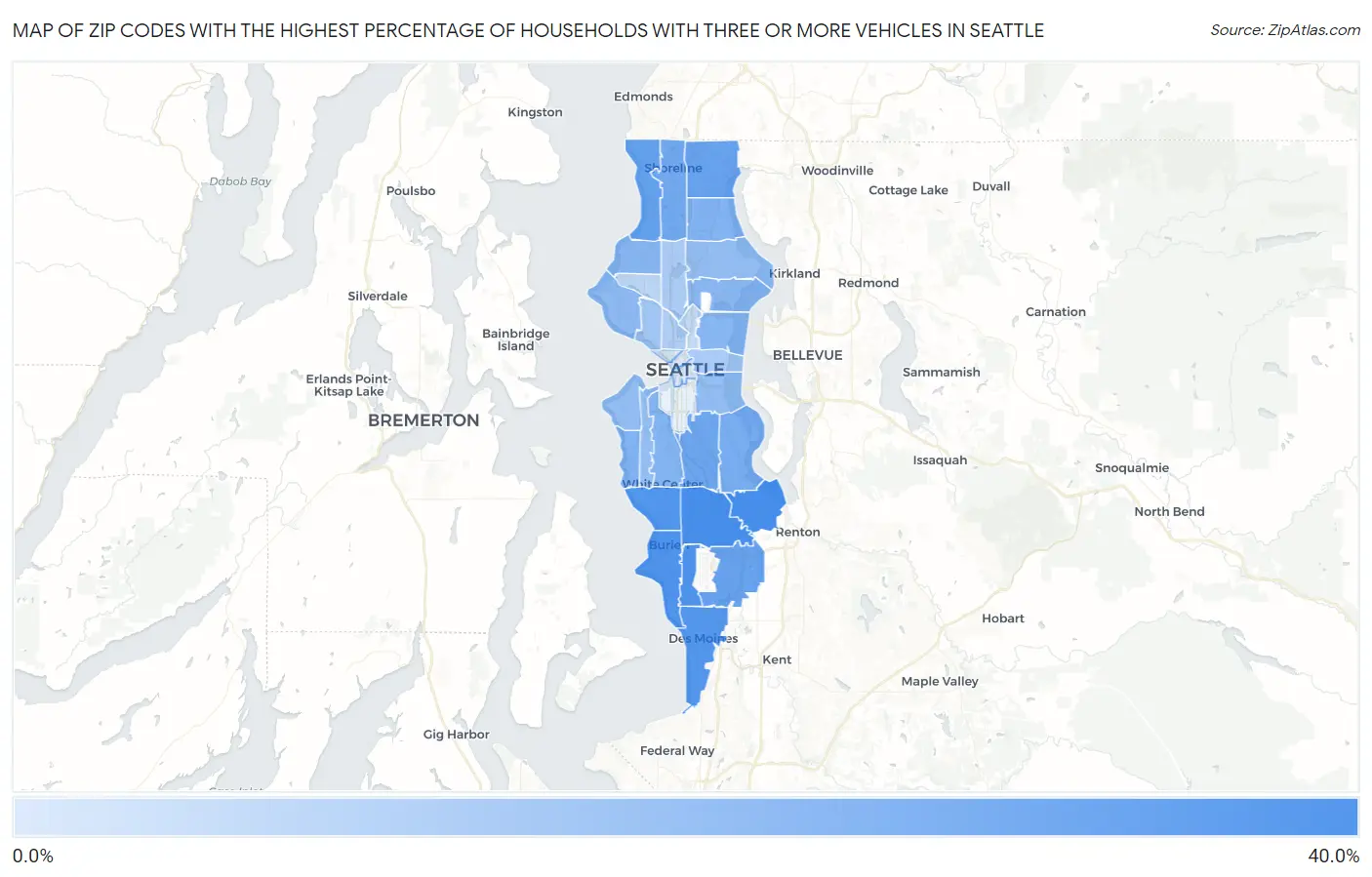 Zip Codes with the Highest Percentage of Households With Three or more Vehicles in Seattle Map