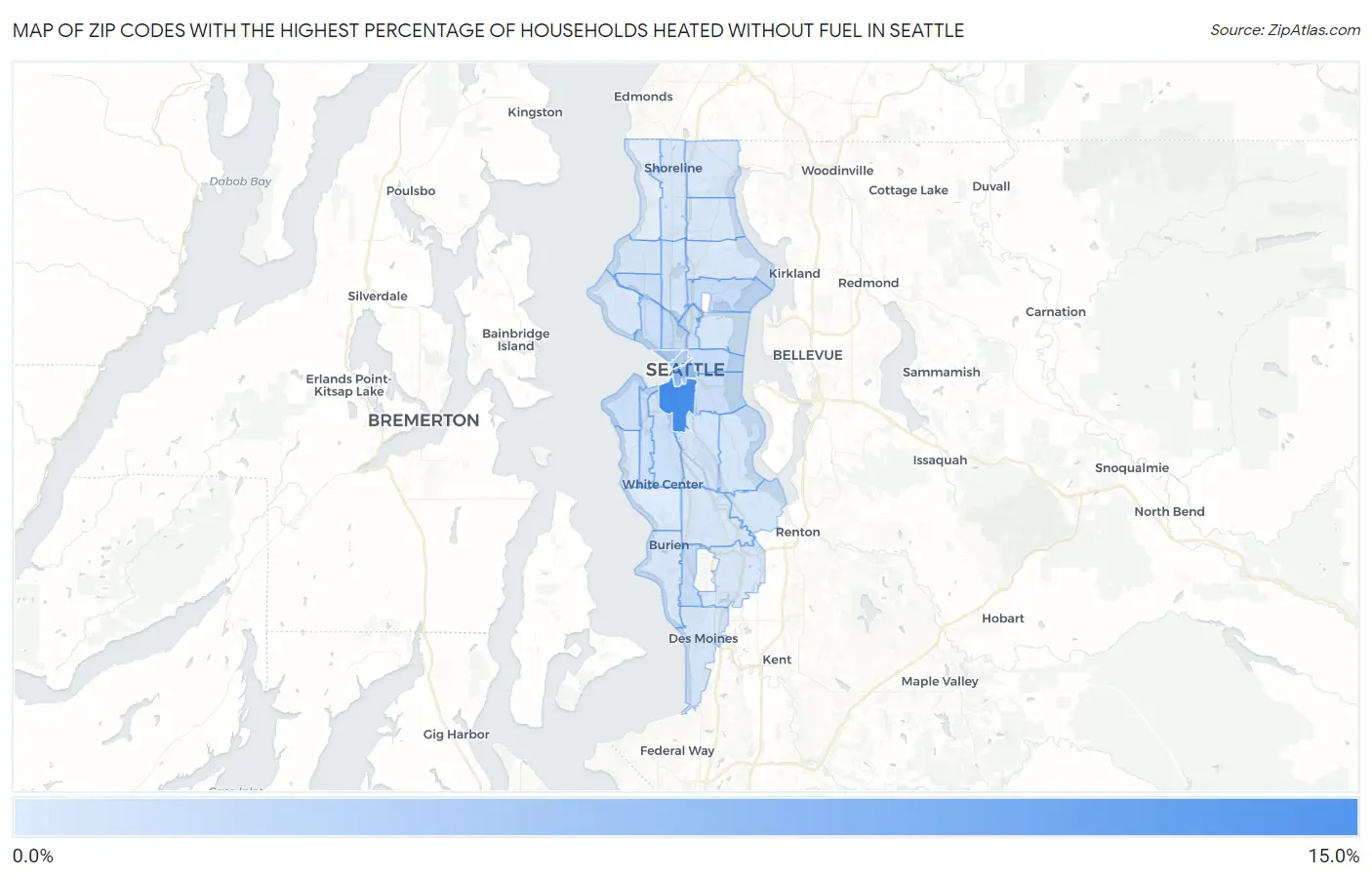 Zip Codes with the Highest Percentage of Households Heated without Fuel in Seattle Map