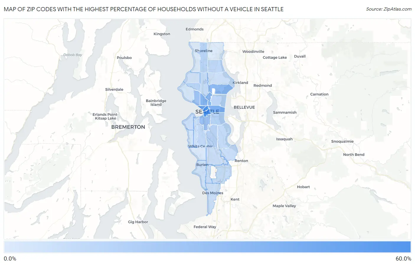 Zip Codes with the Highest Percentage of Households Without a Vehicle in Seattle Map