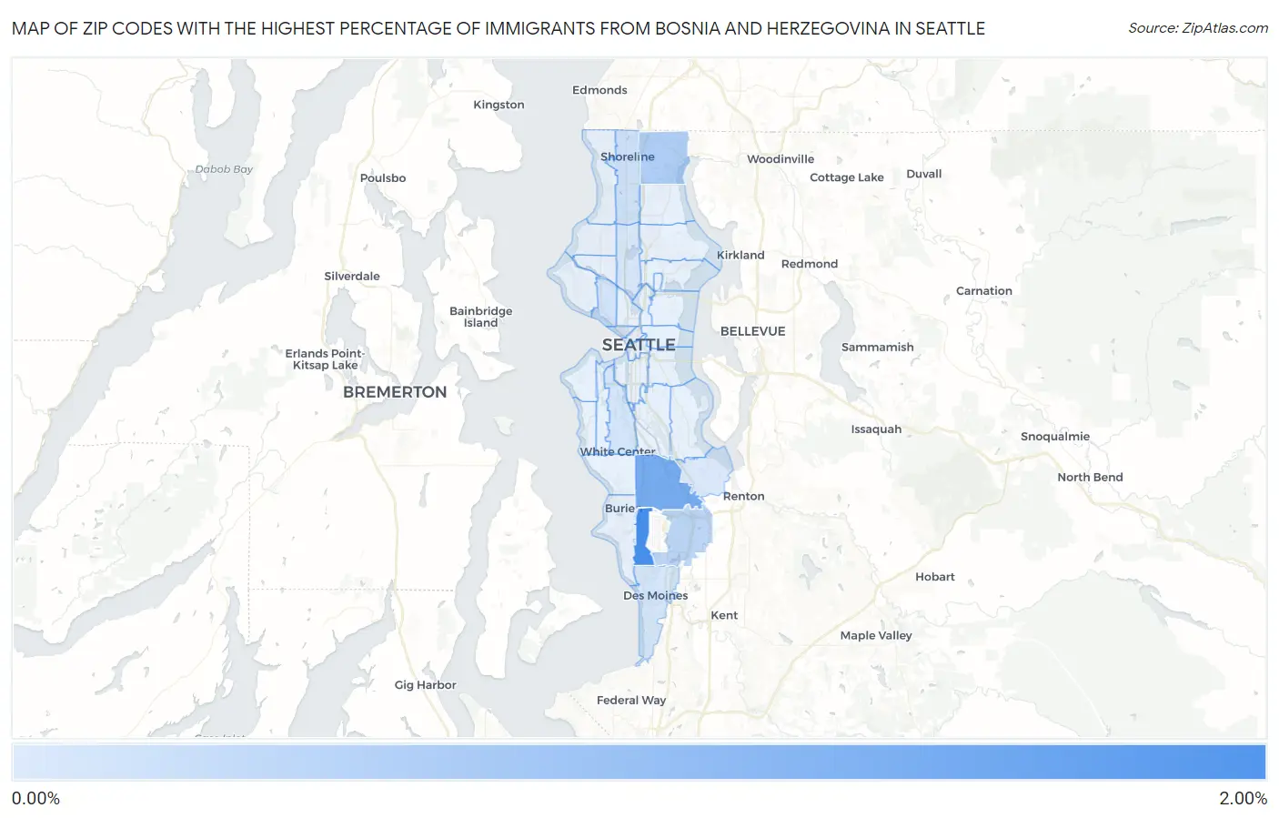 Zip Codes with the Highest Percentage of Immigrants from Bosnia and Herzegovina in Seattle Map