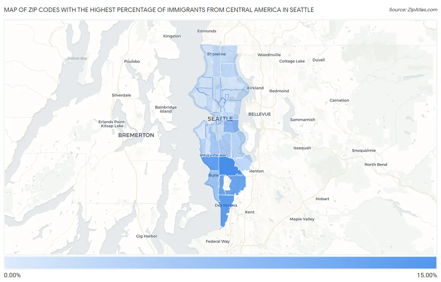 Zip Codes with the Highest Percentage of Immigrants from Central America in Seattle Map