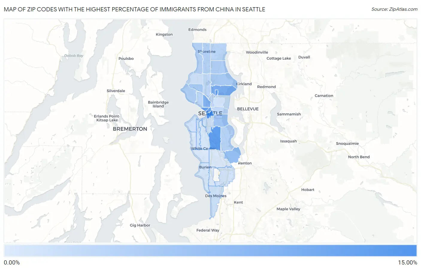 Zip Codes with the Highest Percentage of Immigrants from China in Seattle Map