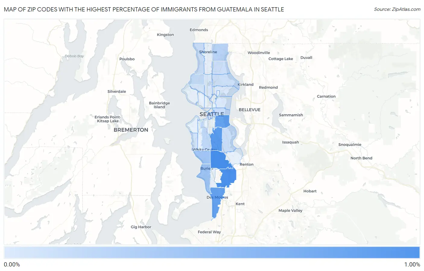 Zip Codes with the Highest Percentage of Immigrants from Guatemala in Seattle Map