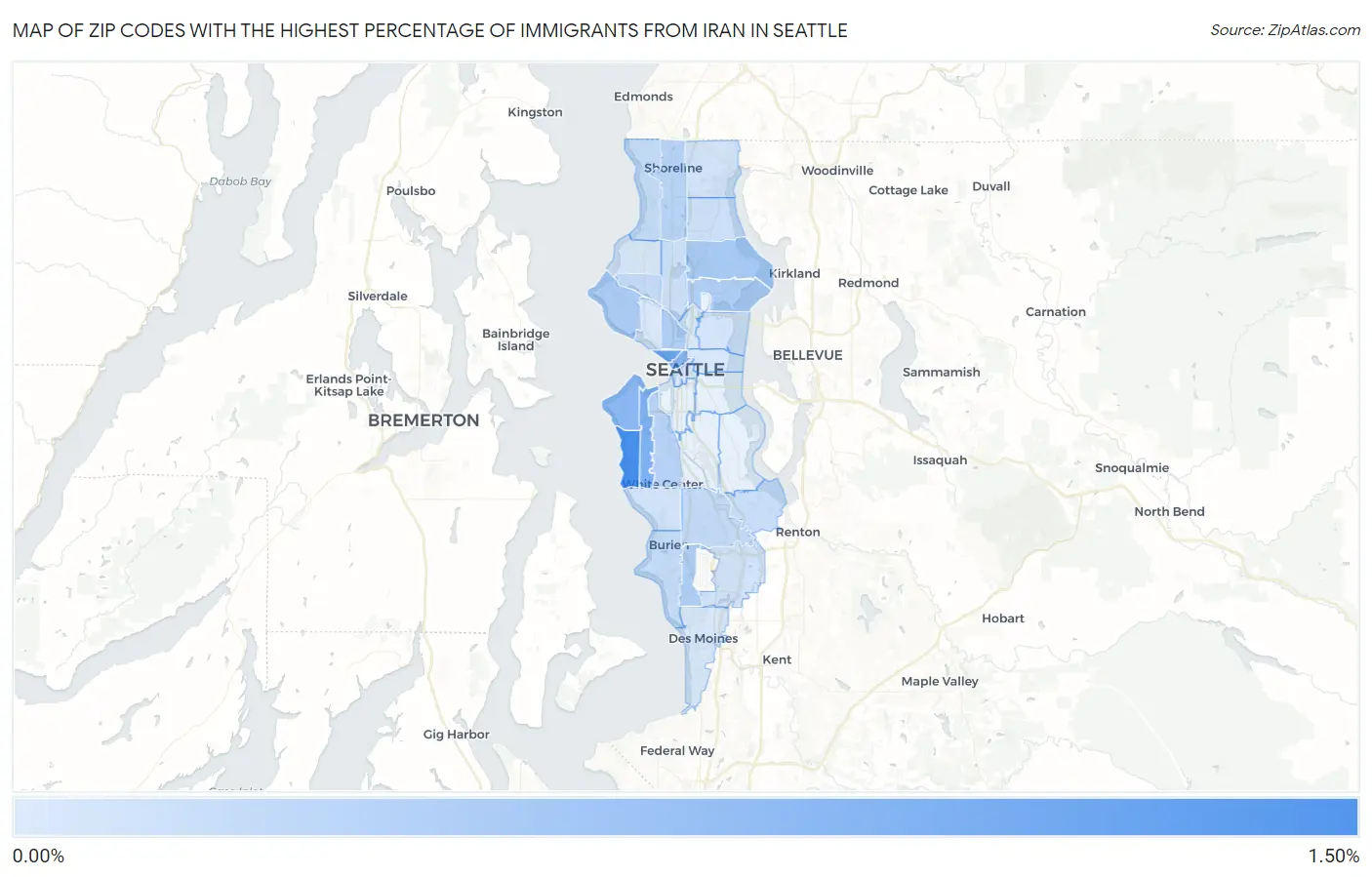 Zip Codes with the Highest Percentage of Immigrants from Iran in Seattle Map