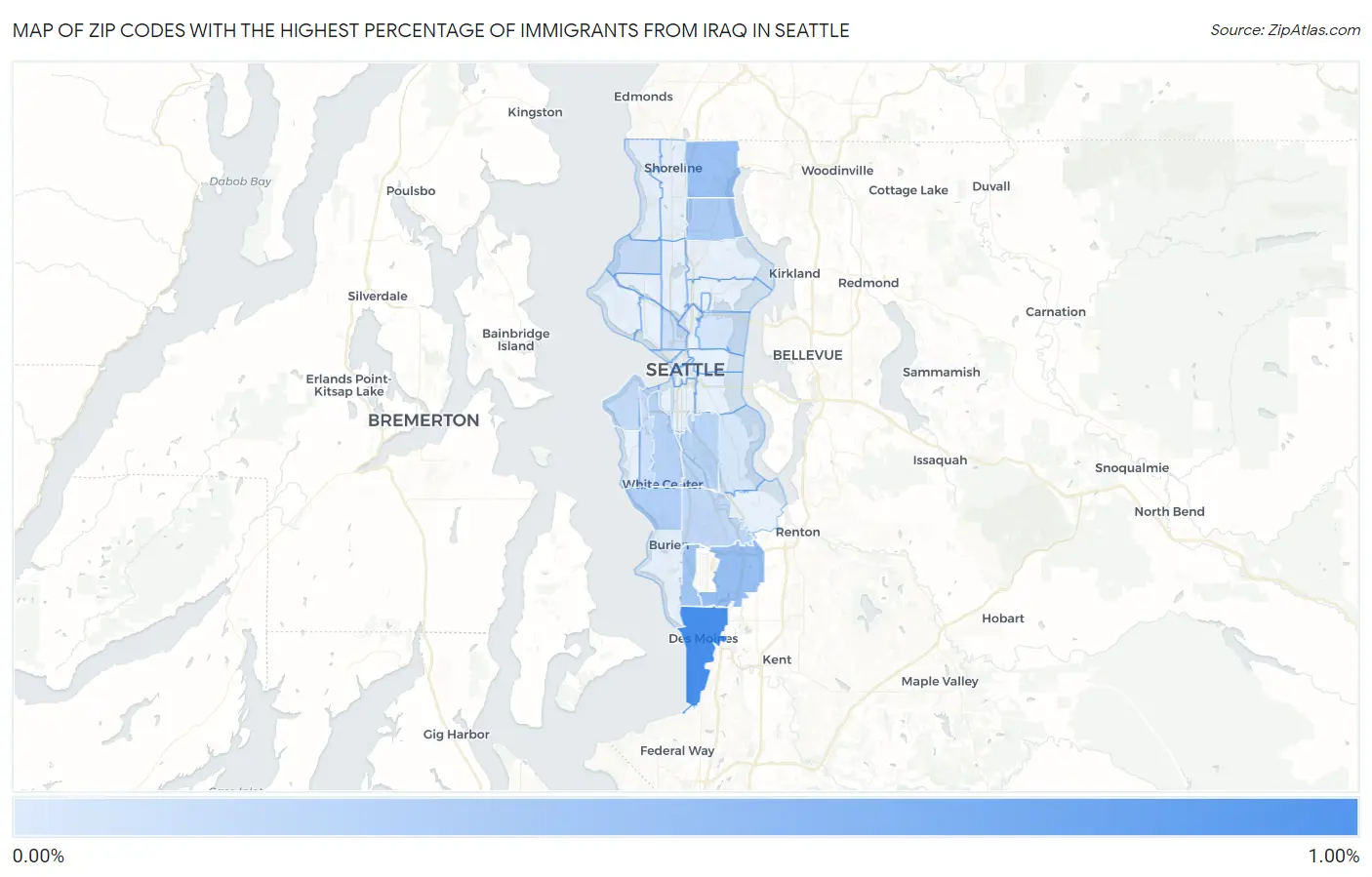Zip Codes with the Highest Percentage of Immigrants from Iraq in Seattle Map