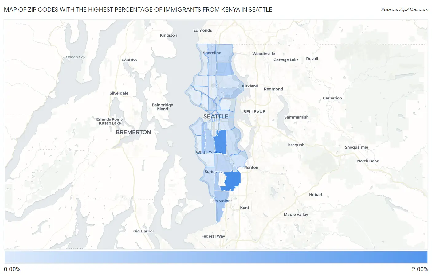 Zip Codes with the Highest Percentage of Immigrants from Kenya in Seattle Map