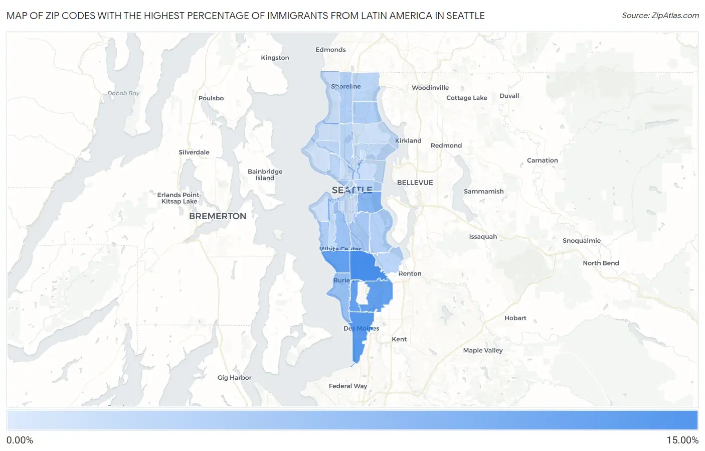 Zip Codes with the Highest Percentage of Immigrants from Latin America in Seattle Map