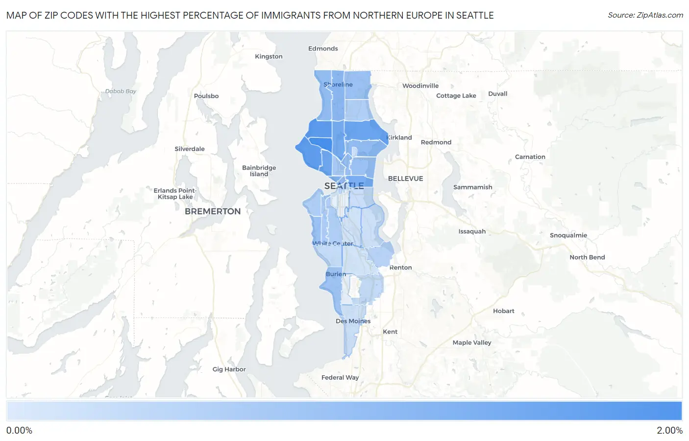 Zip Codes with the Highest Percentage of Immigrants from Northern Europe in Seattle Map