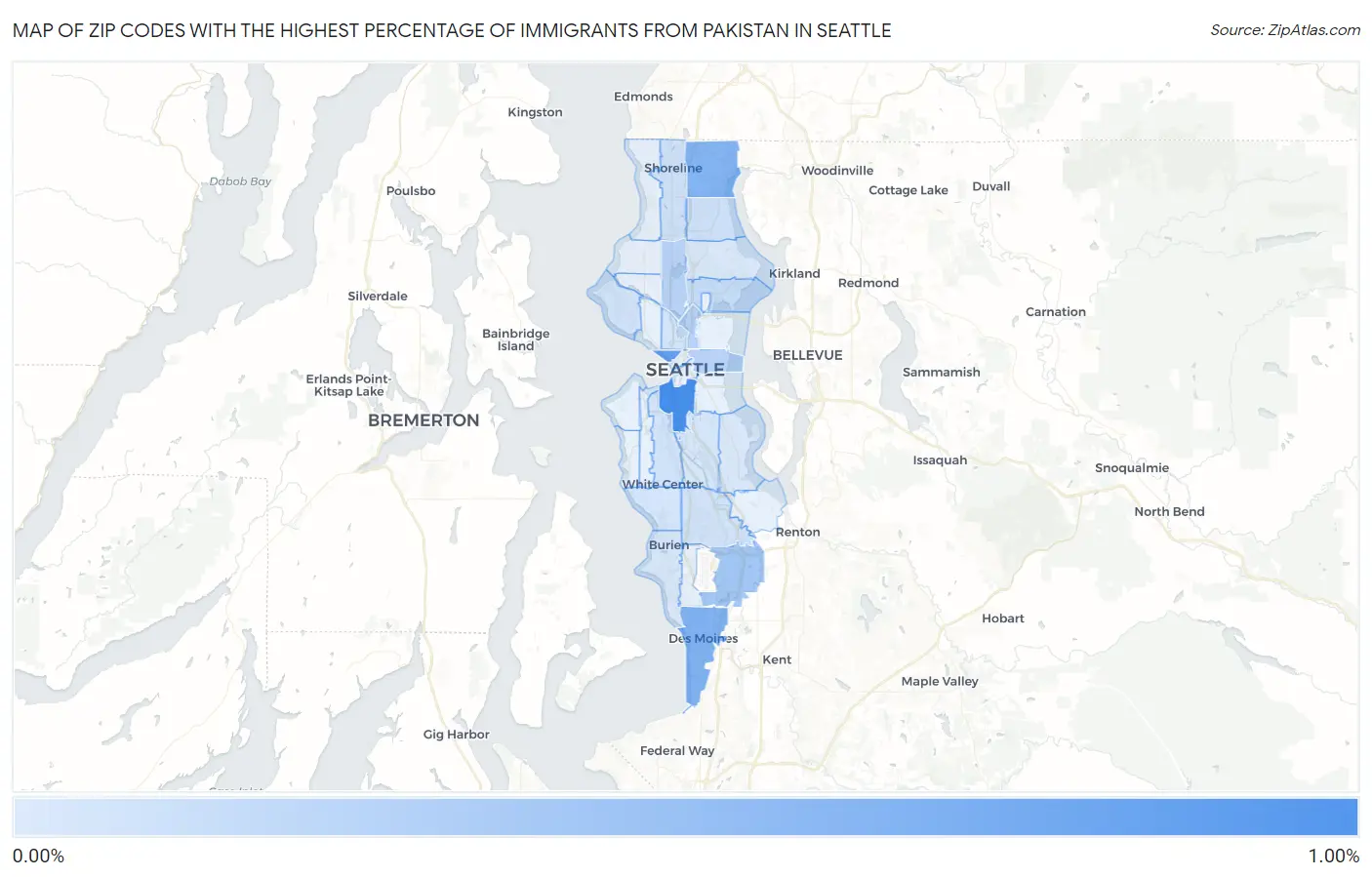 Zip Codes with the Highest Percentage of Immigrants from Pakistan in Seattle Map