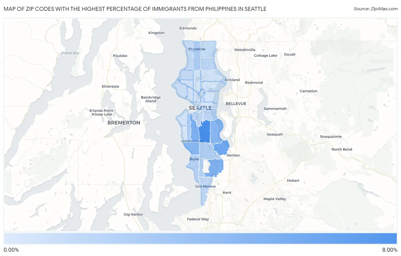 Zip Codes with the Highest Percentage of Immigrants from Philippines in Seattle Map