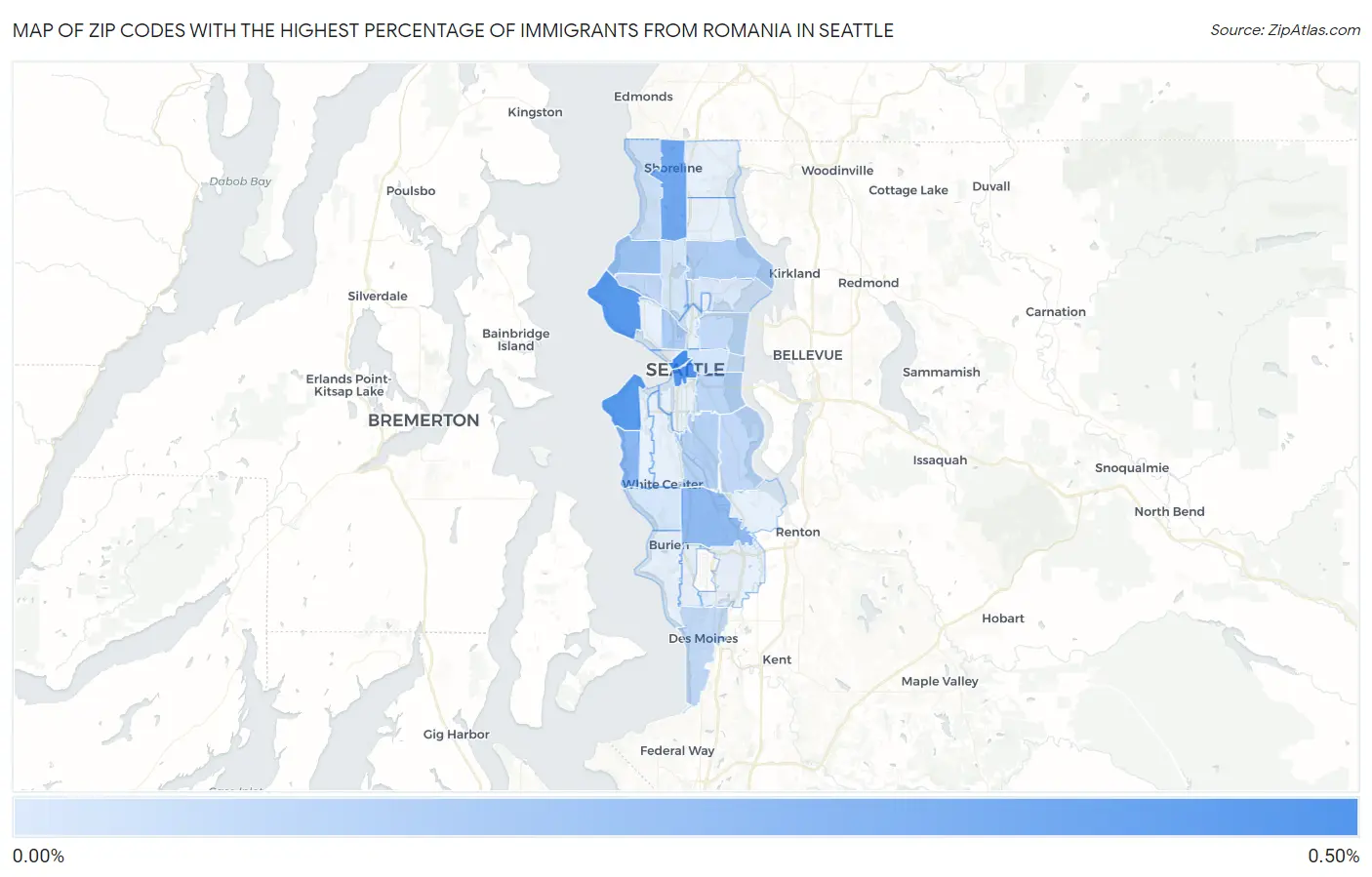 Zip Codes with the Highest Percentage of Immigrants from Romania in Seattle Map