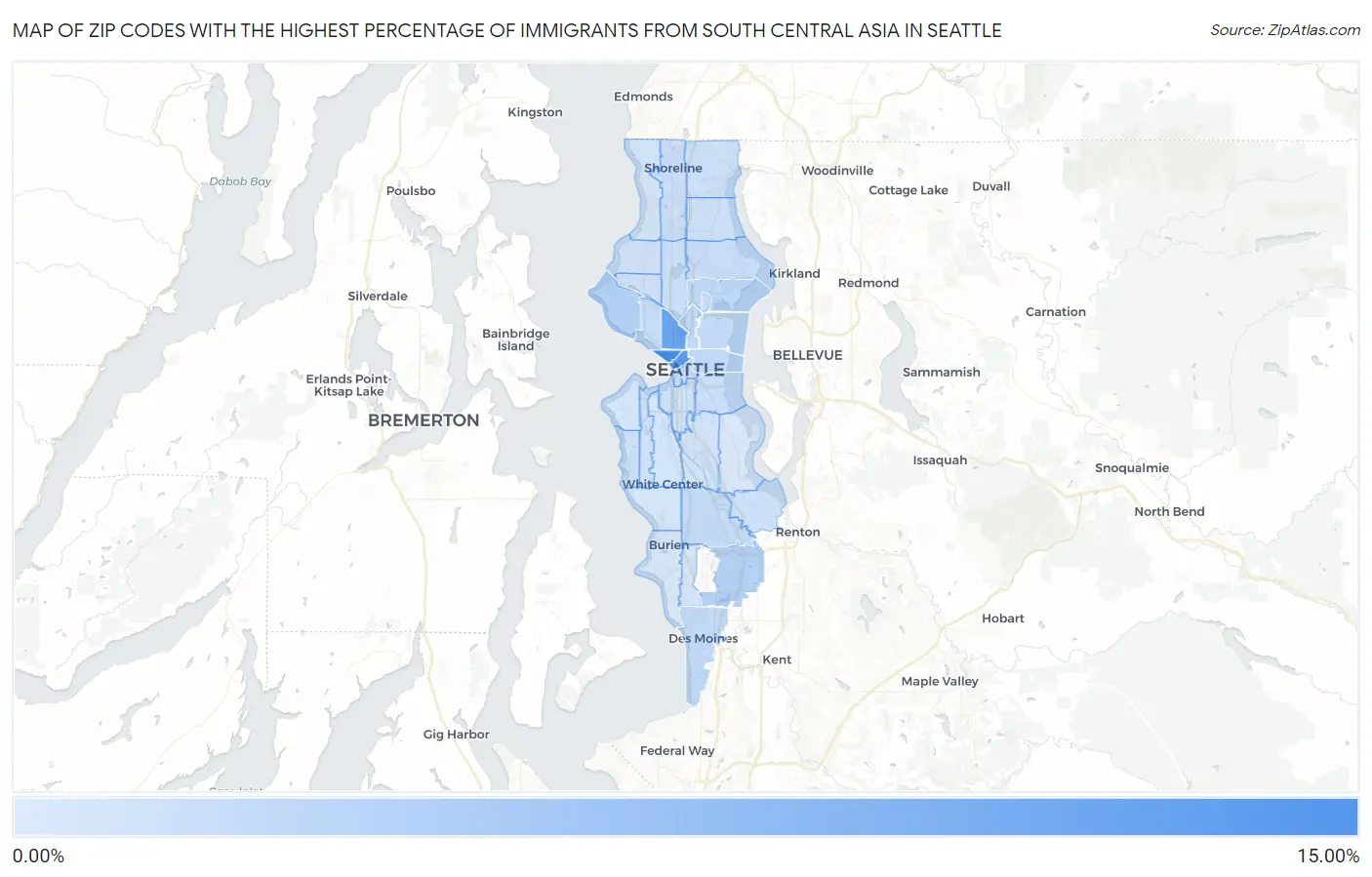 Zip Codes with the Highest Percentage of Immigrants from South Central Asia in Seattle Map