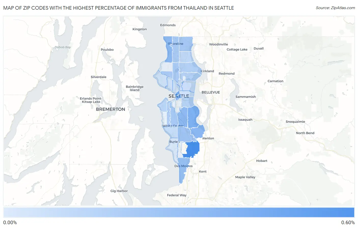 Zip Codes with the Highest Percentage of Immigrants from Thailand in Seattle Map