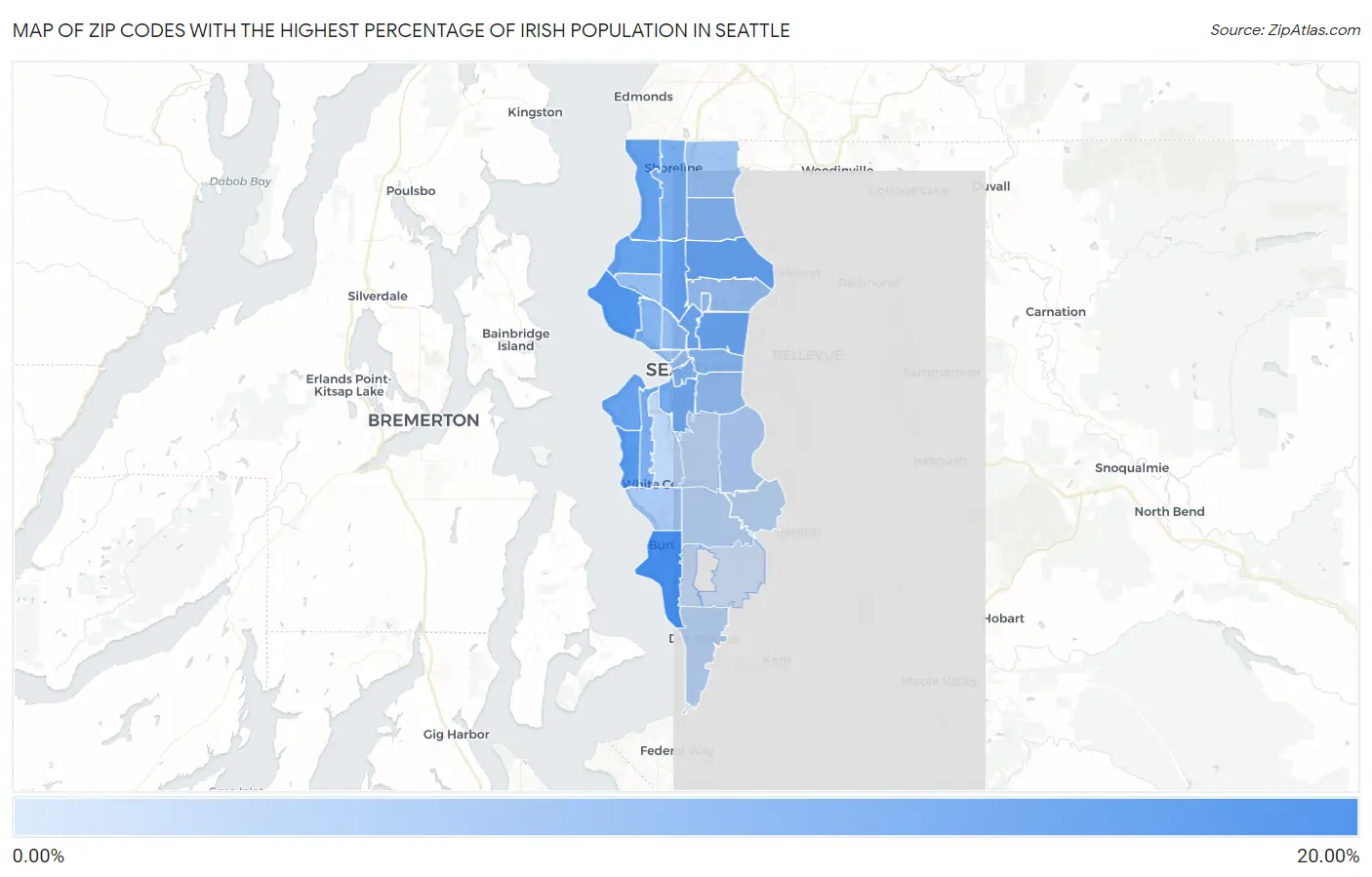 Zip Codes with the Highest Percentage of Irish Population in Seattle Map