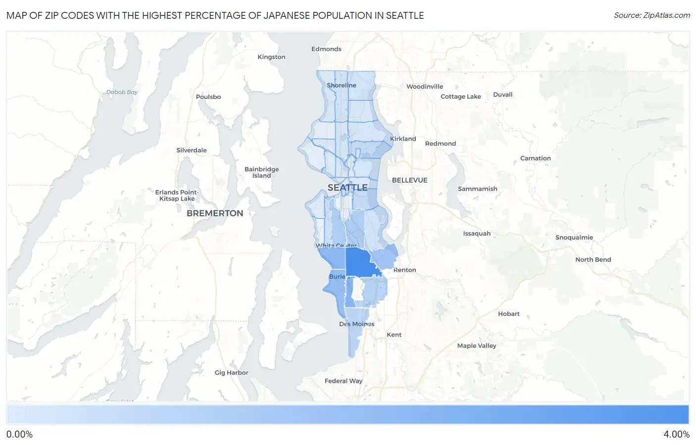 Zip Codes with the Highest Percentage of Japanese Population in Seattle Map
