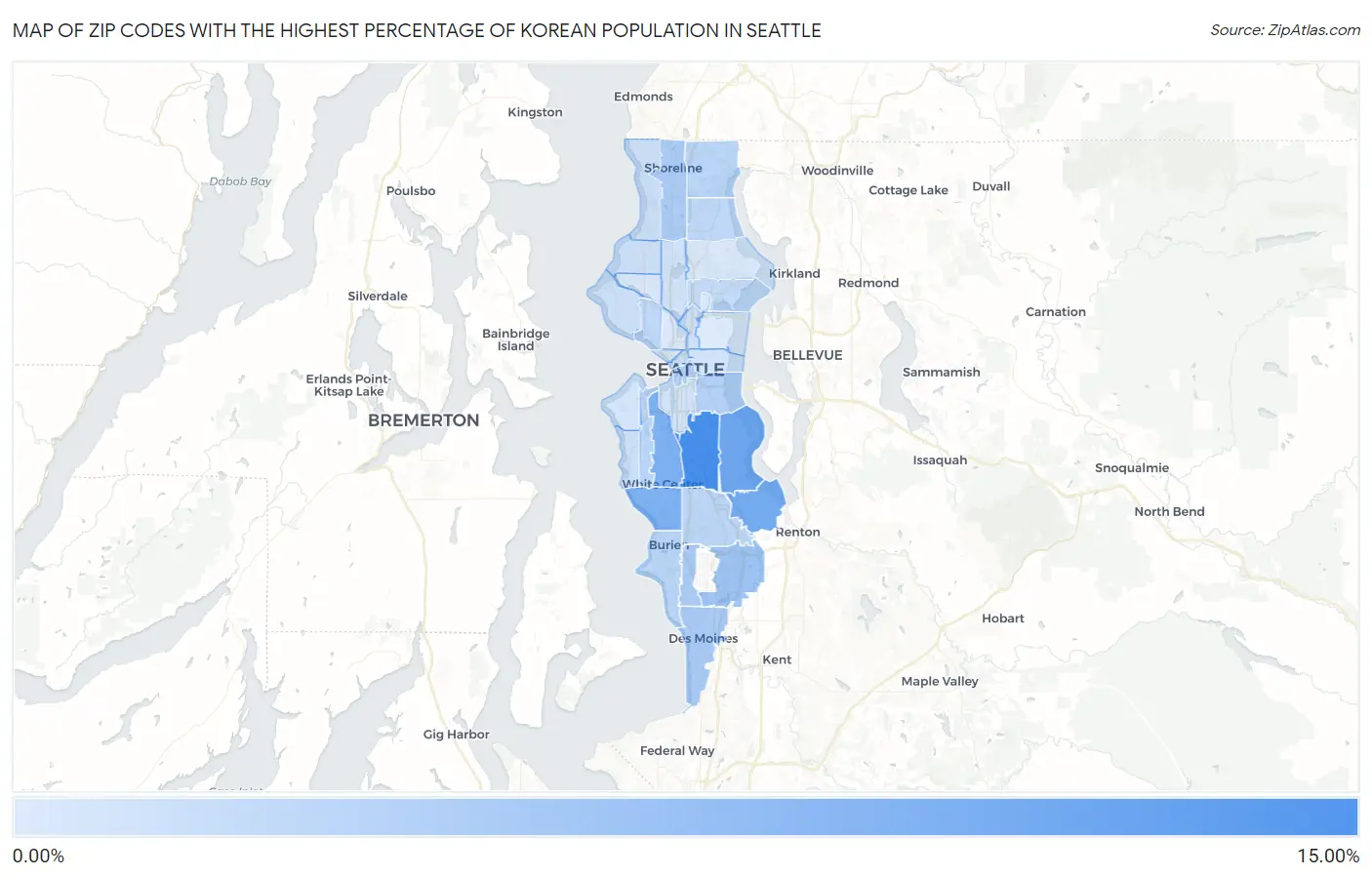 Zip Codes with the Highest Percentage of Korean Population in Seattle Map