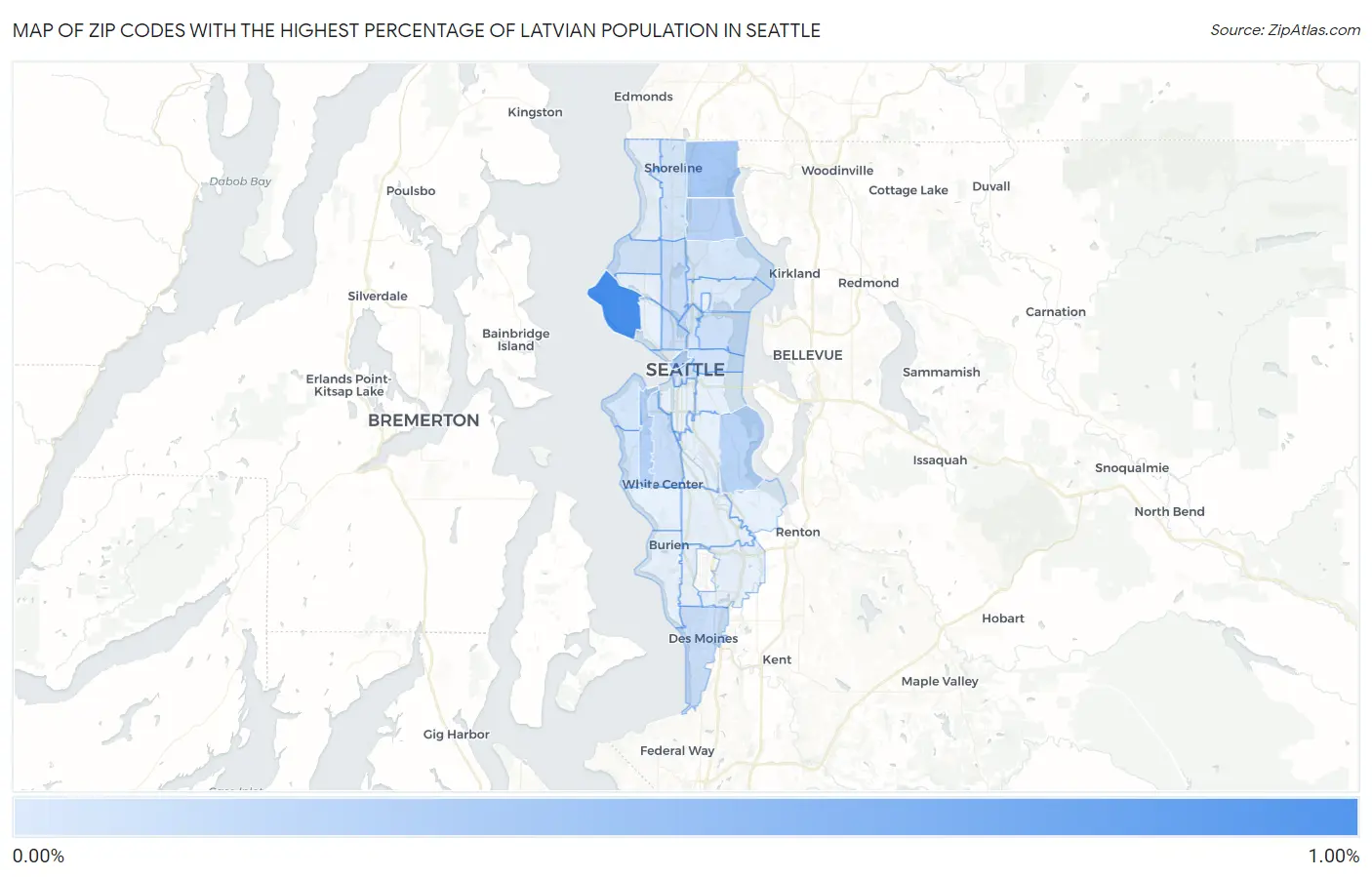 Zip Codes with the Highest Percentage of Latvian Population in Seattle Map