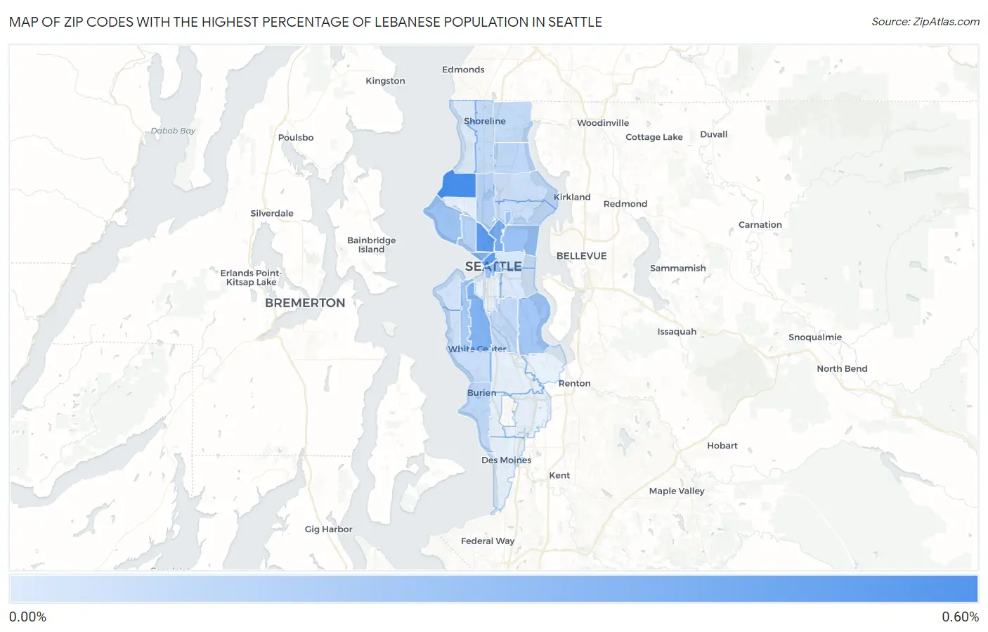 Zip Codes with the Highest Percentage of Lebanese Population in Seattle Map