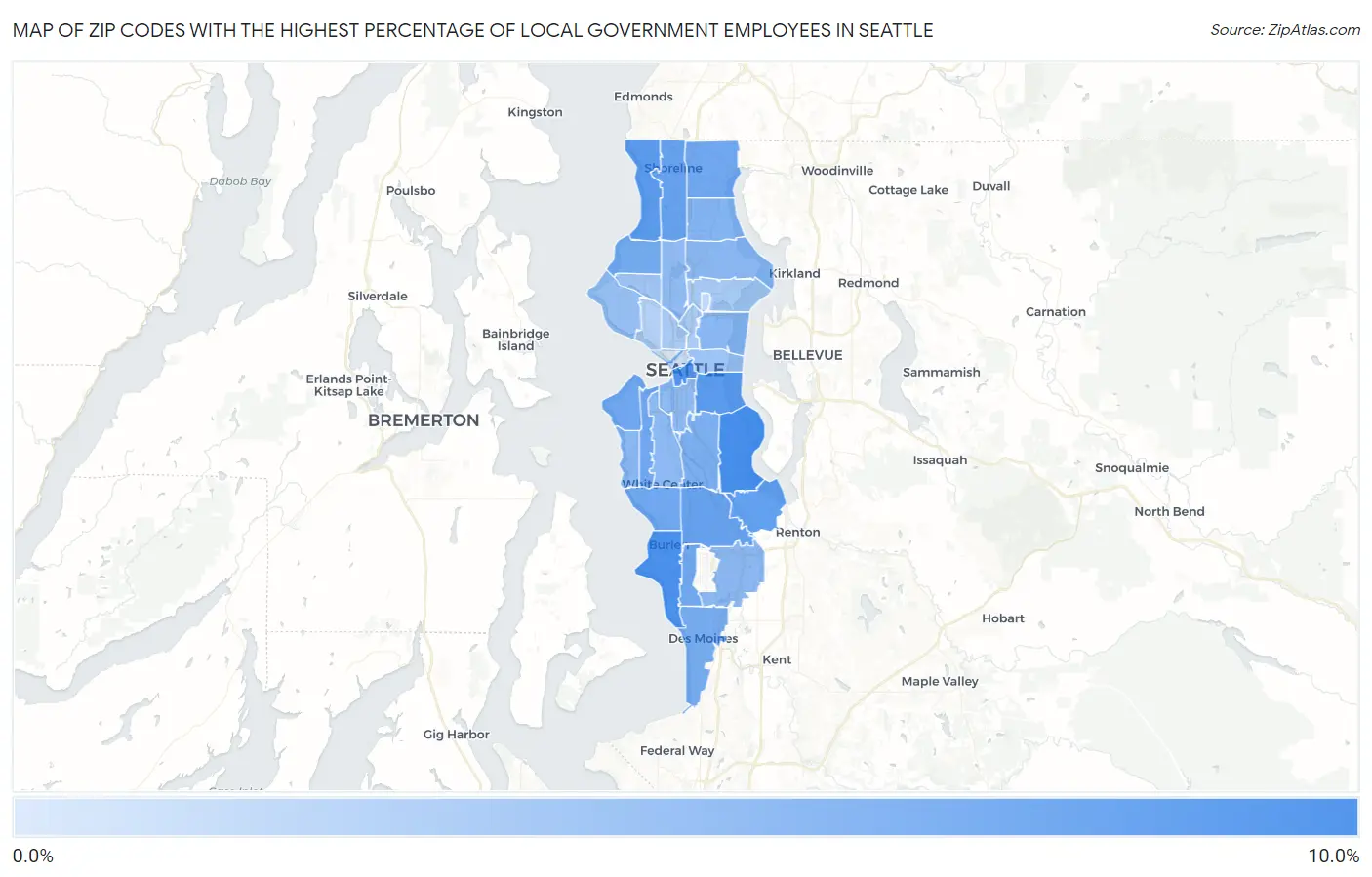 Zip Codes with the Highest Percentage of Local Government Employees in Seattle Map
