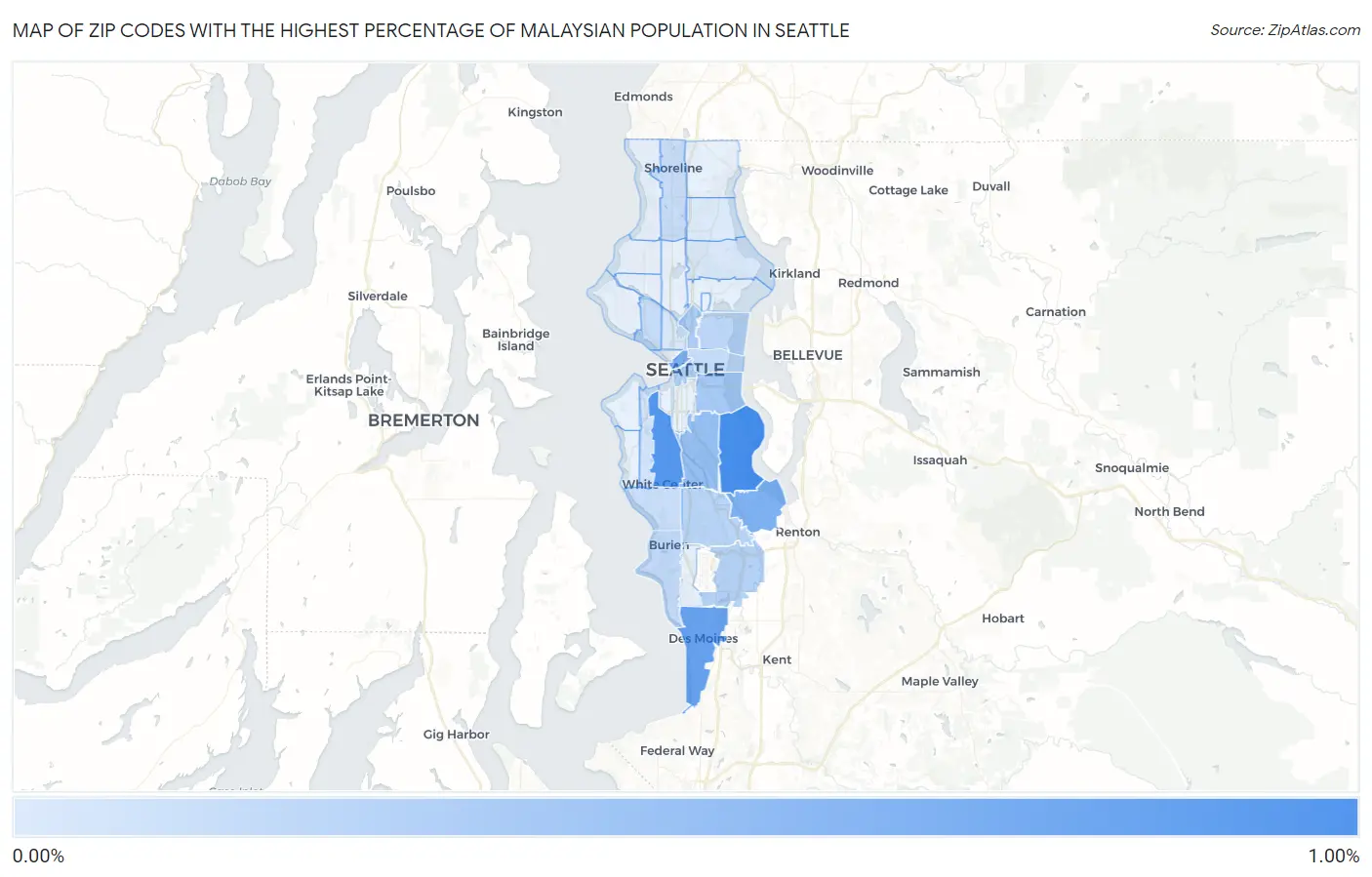 Zip Codes with the Highest Percentage of Malaysian Population in Seattle Map