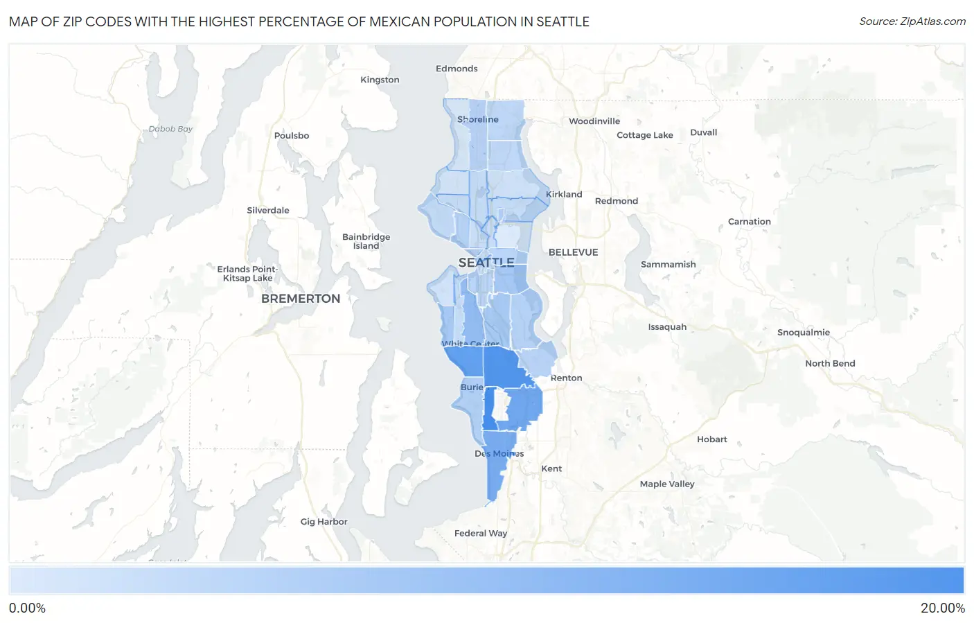 Zip Codes with the Highest Percentage of Mexican Population in Seattle Map