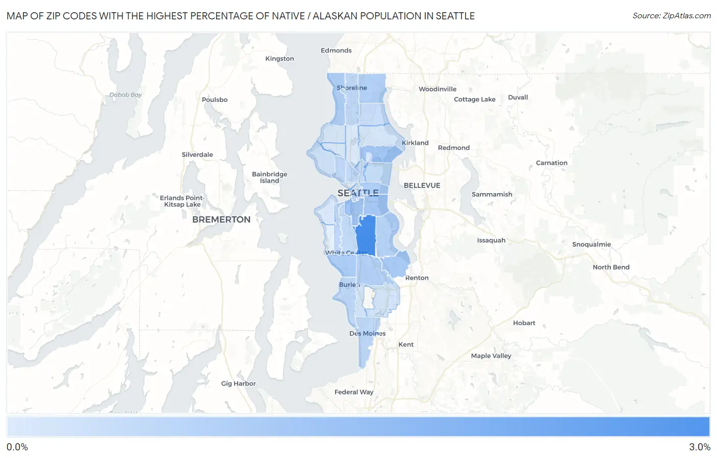 Zip Codes with the Highest Percentage of Native / Alaskan Population in Seattle Map