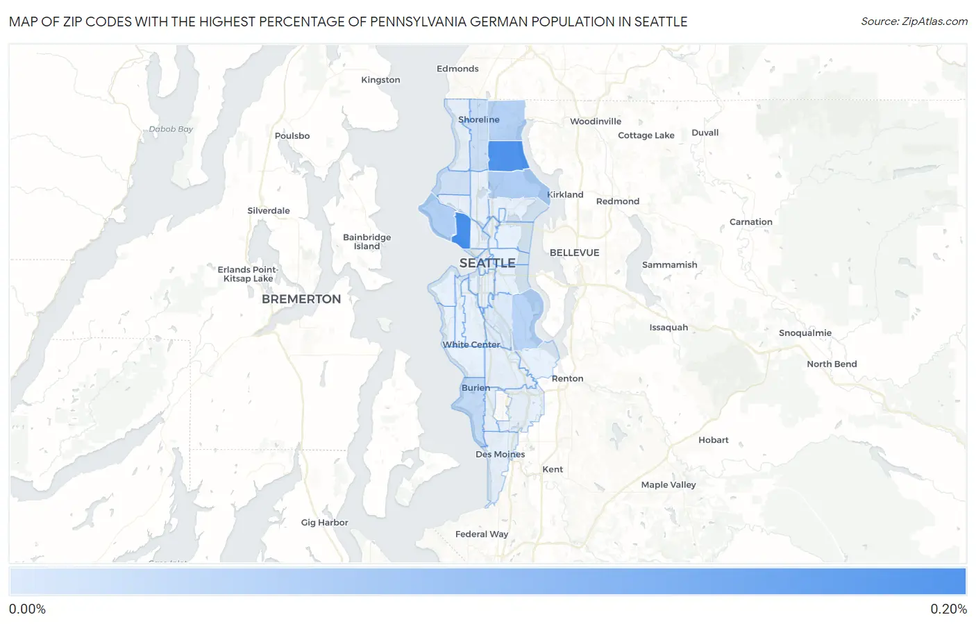 Zip Codes with the Highest Percentage of Pennsylvania German Population in Seattle Map