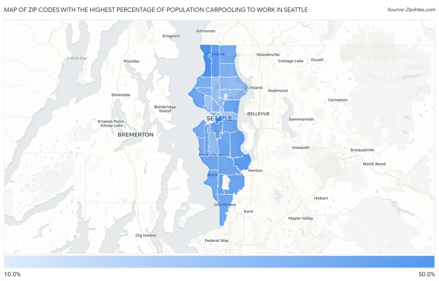 Zip Codes with the Highest Percentage of Population Carpooling to Work in Seattle Map