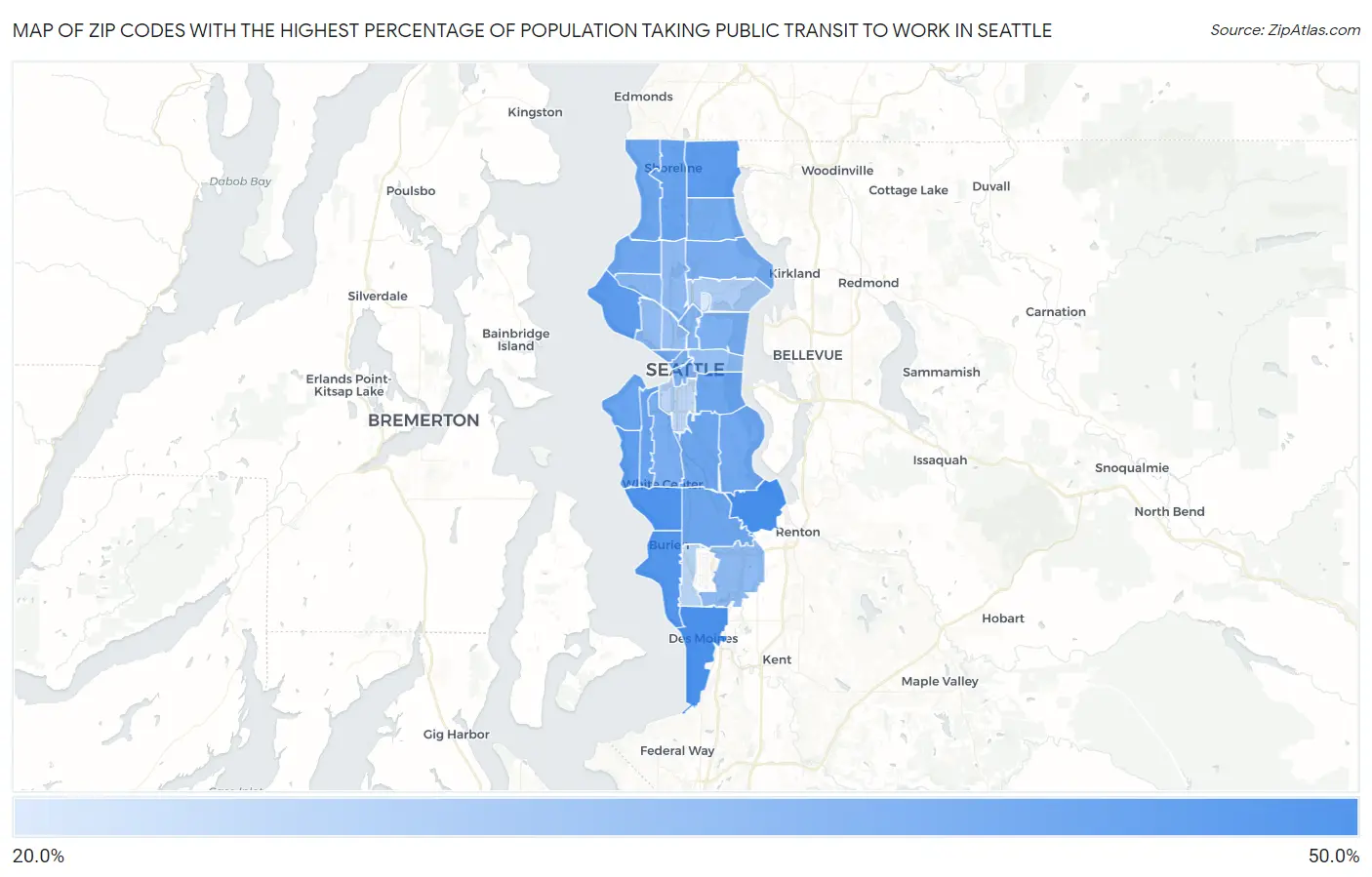 Zip Codes with the Highest Percentage of Population Taking Public Transit to Work in Seattle Map