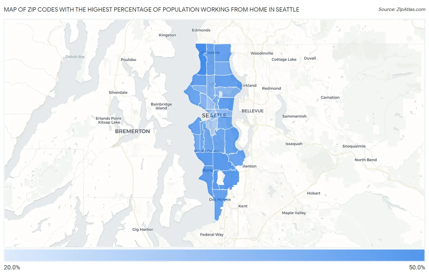 Zip Codes with the Highest Percentage of Population Working from Home in Seattle Map